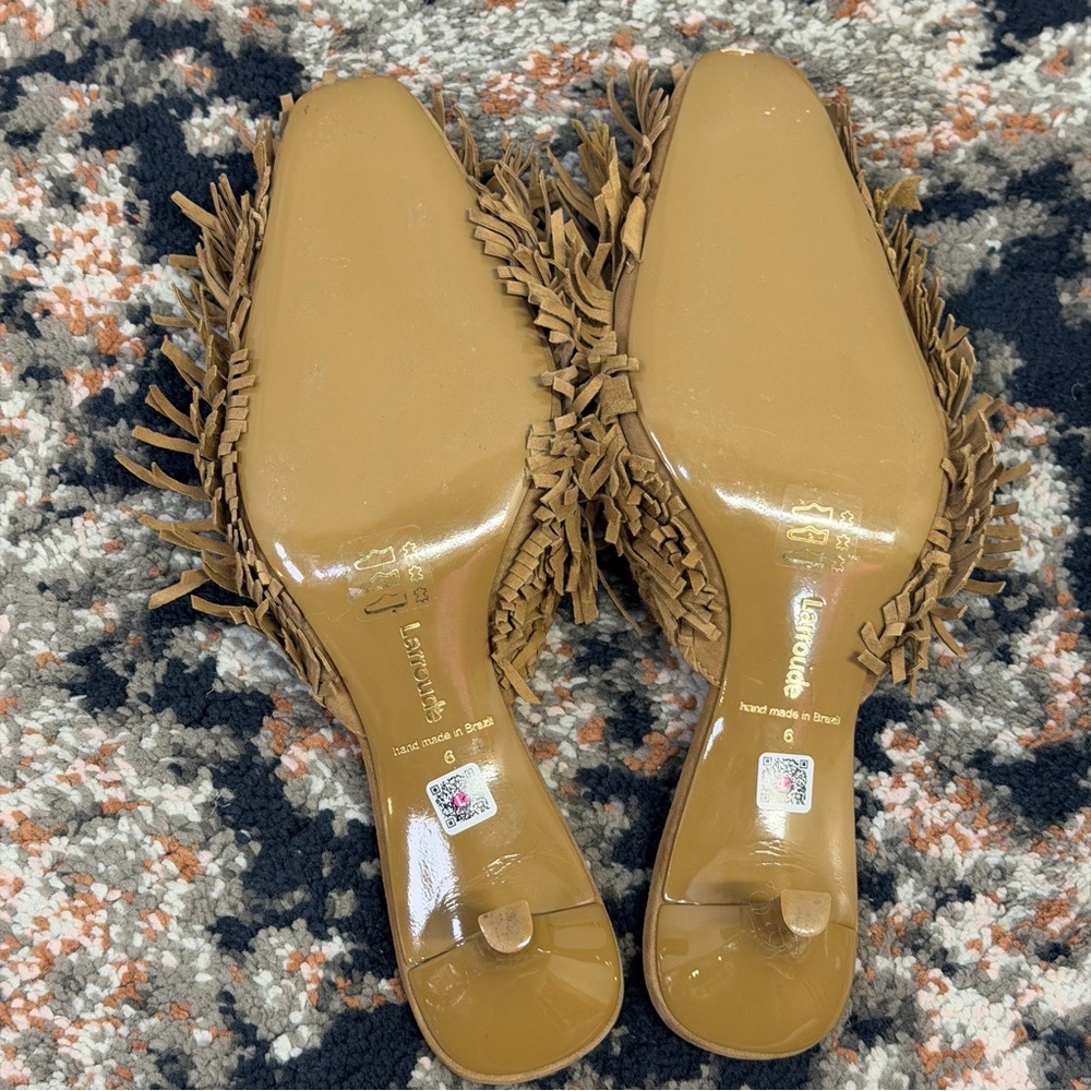 Larroude Tan Suede Fringed Kitten Heel Mule - Picture 14 of 16